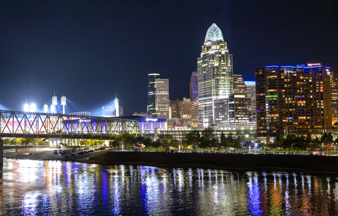 View of downtown Cincinnati at night. 