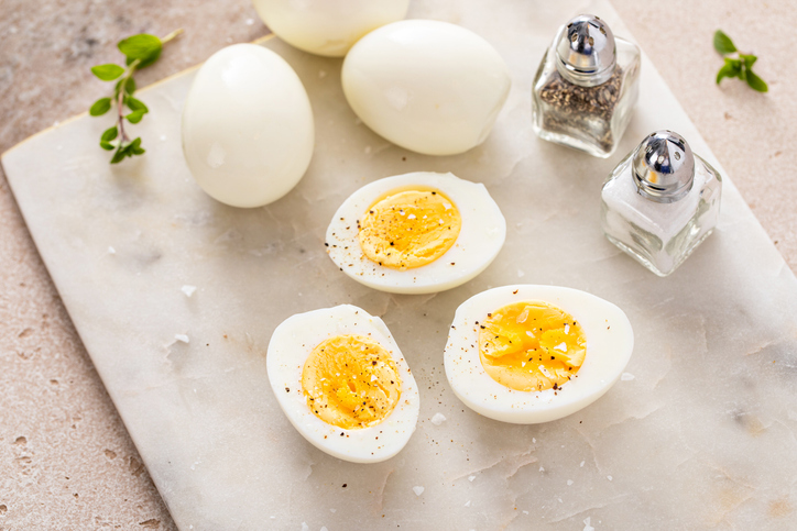  Several of the recommended small snacks, hard-boiled eggs, with pepper and salt.