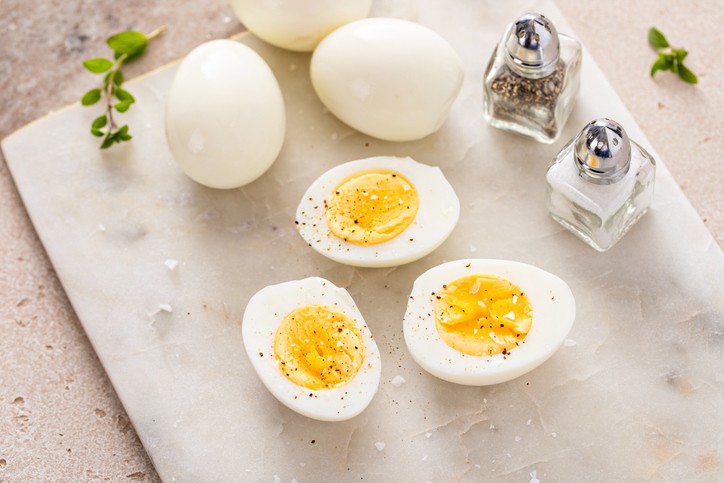  Several of the recommended small snacks, hard-boiled eggs, with pepper and salt.