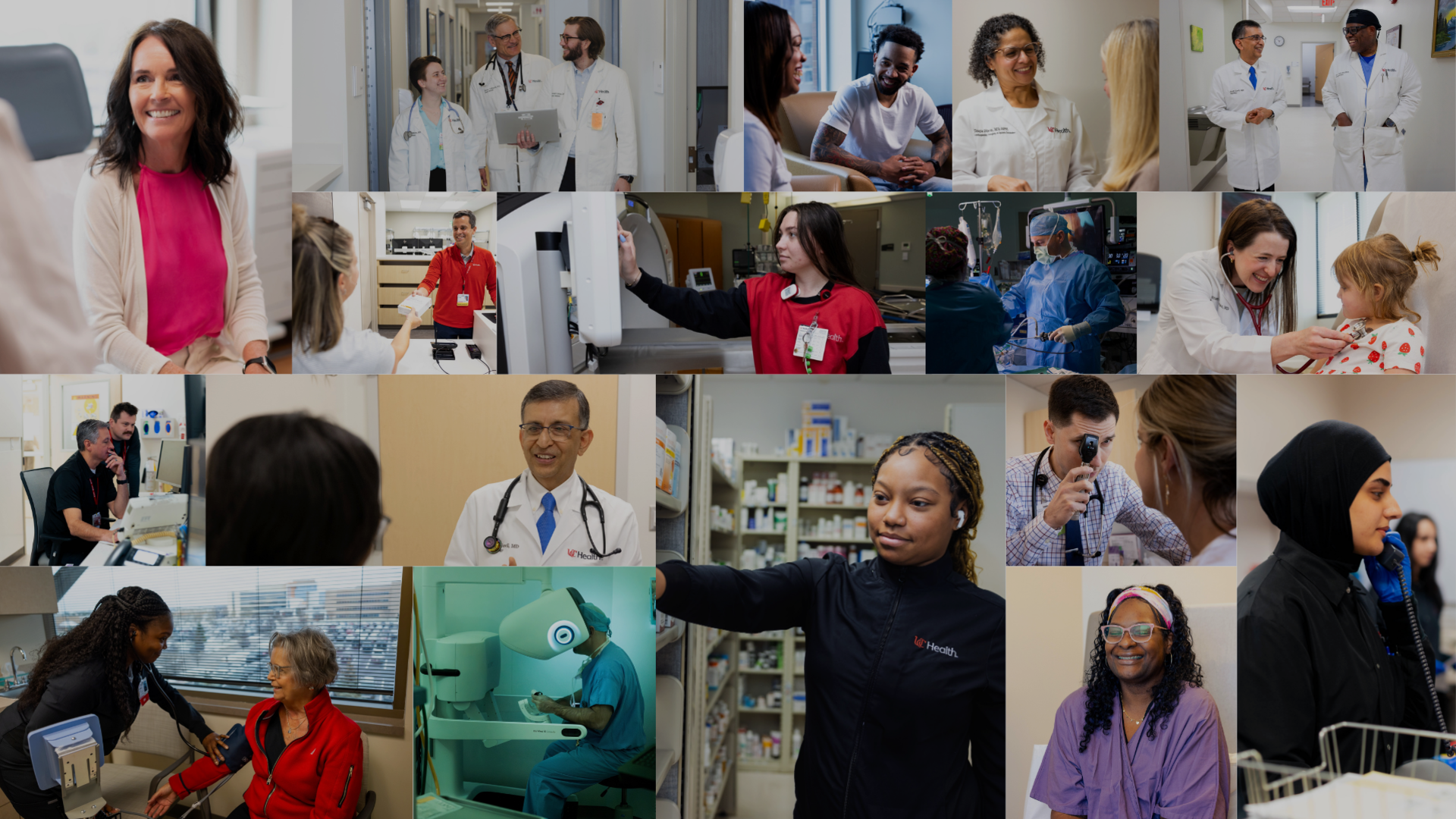 Photo collage of people in various healthcare roles and spaces. 