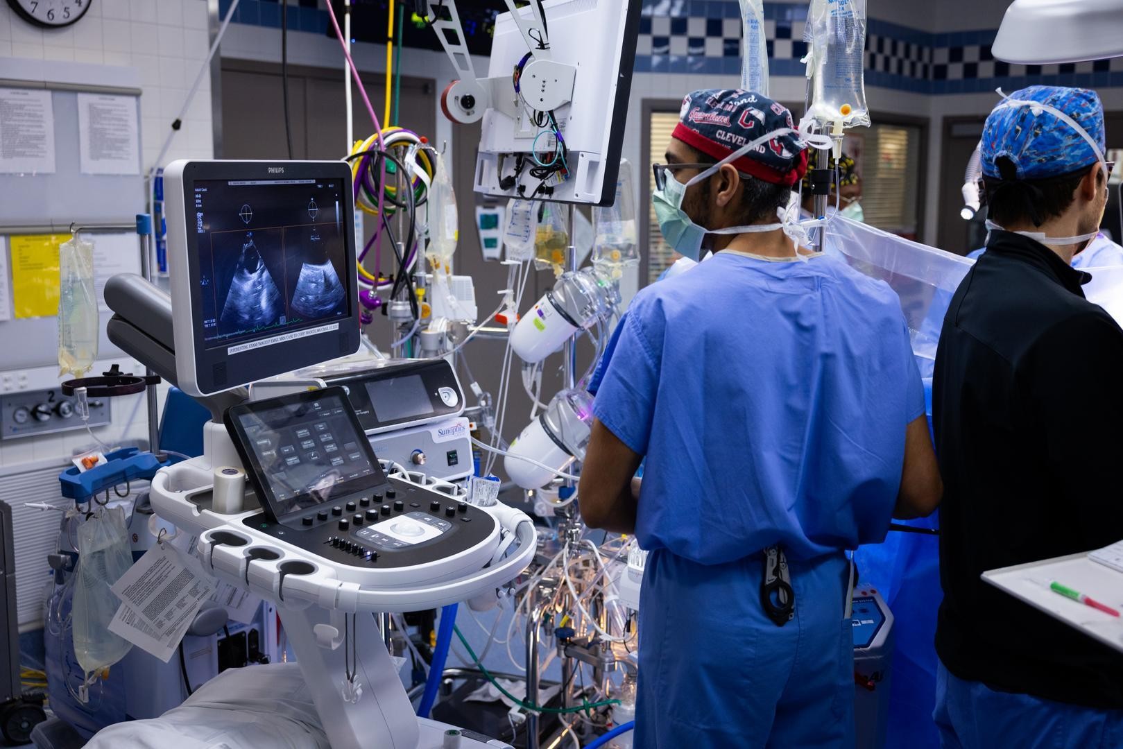 Physician looks at an image on a monitor during a surgical procedure. 
