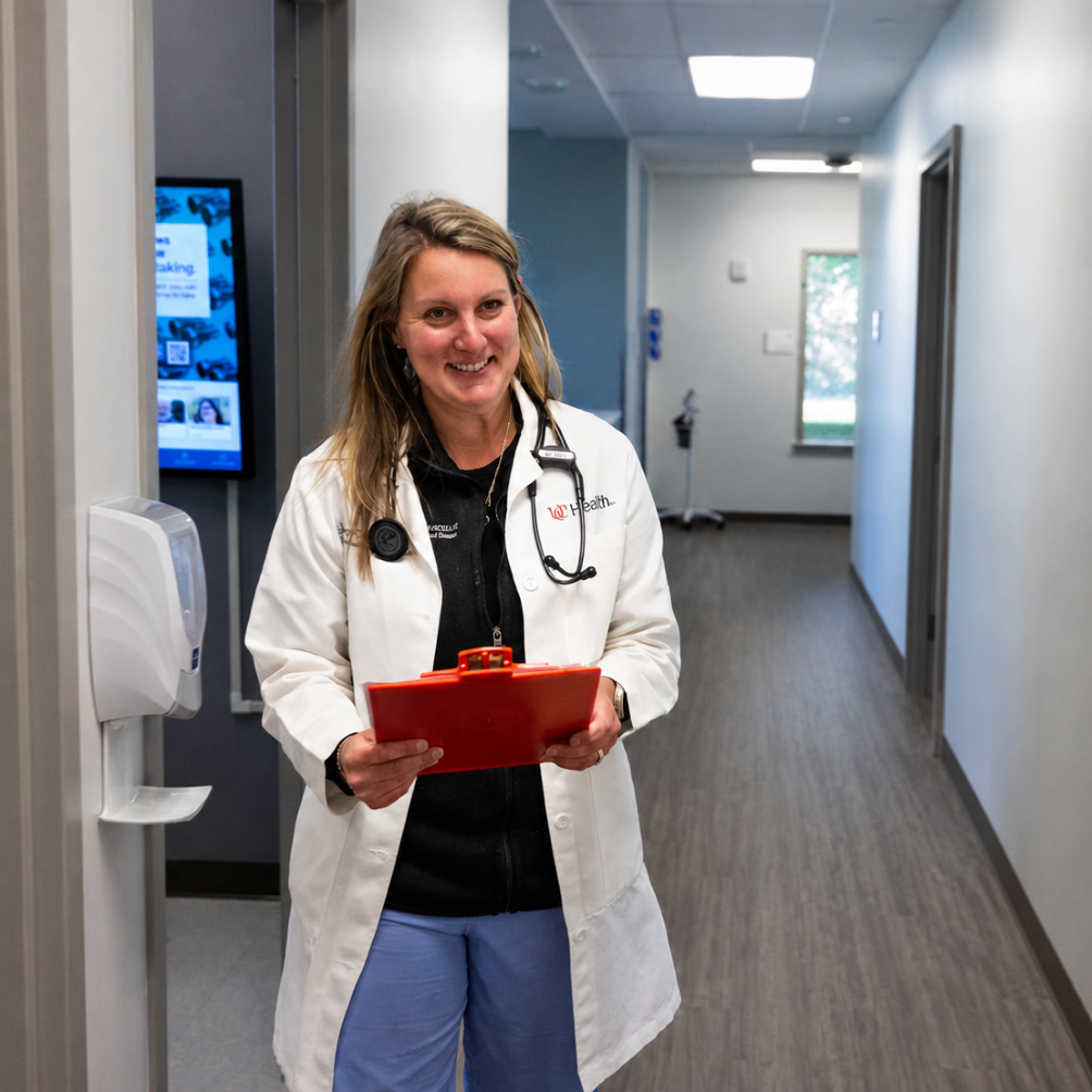 Medical provider holds a clipboard and walks through a hallway. 