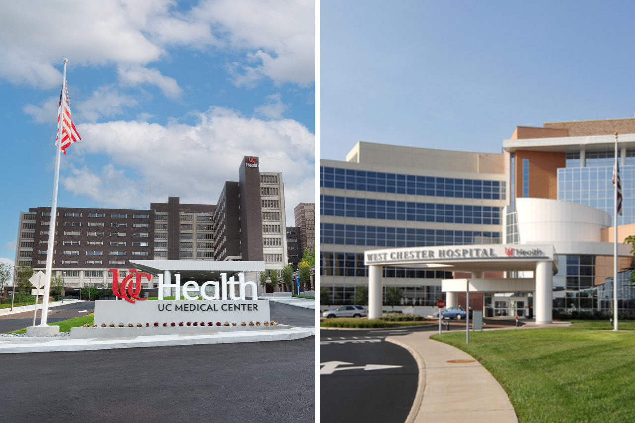 University of Cincinnati Medical Center and West Chester Hospital exterior photos displayed side-by-side. 