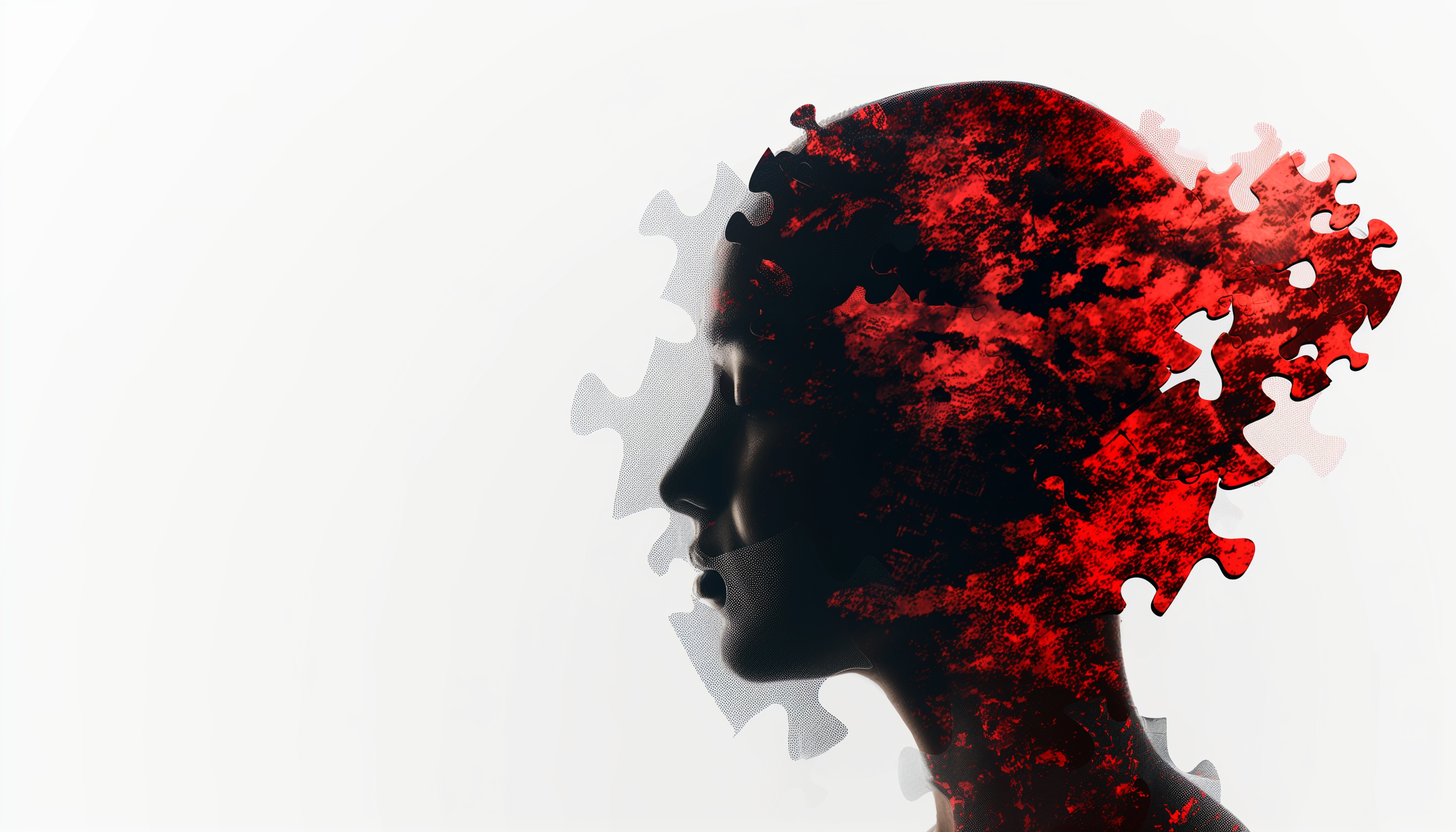 a graphic representation of mental health with a side view silhouette of a head, where the brain area is dynamically assembling from puzzle pieces in a dramatic red and black gradient. Set this against a pure white background for maximum contrast, with each piece fitting snugly to symbolize the path to recovery and understanding.