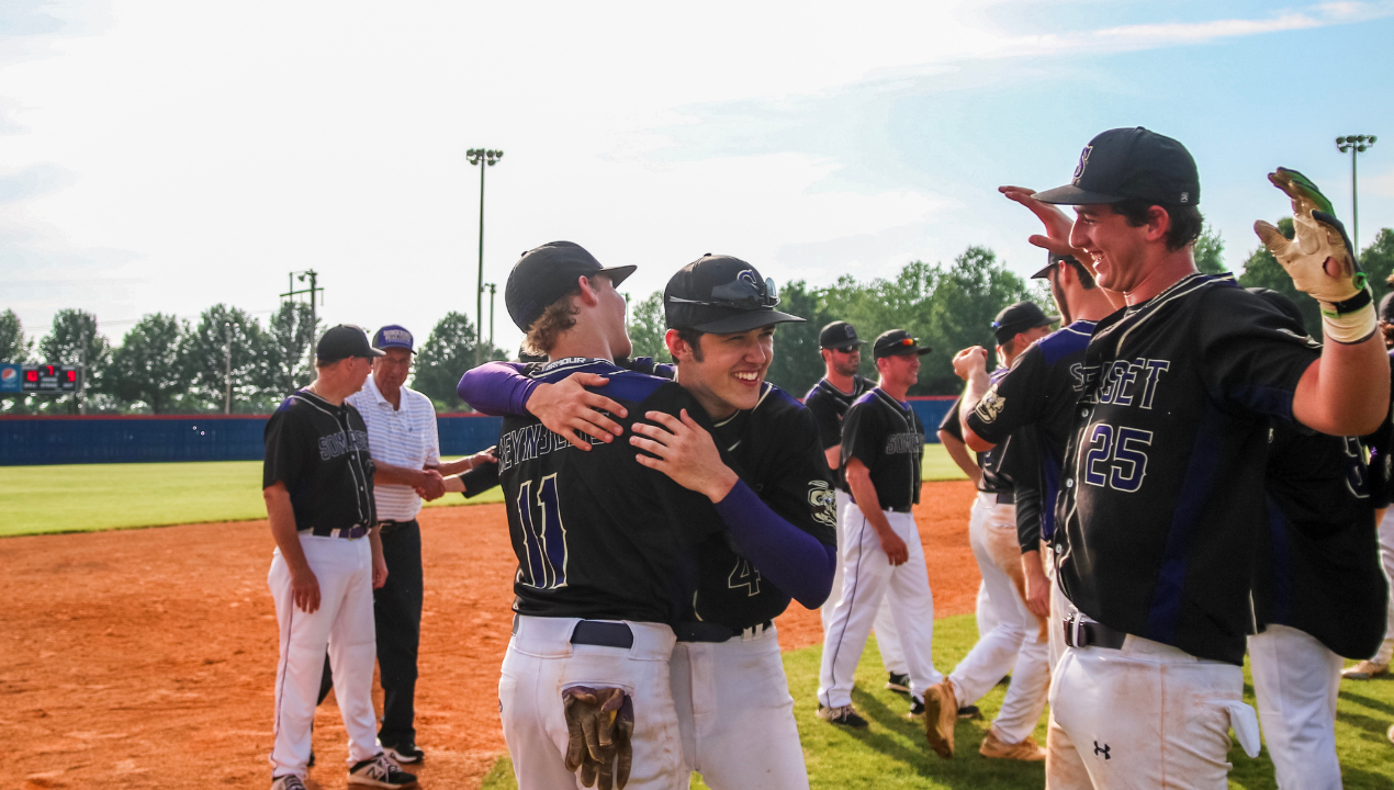 Baseball players celebrate on the field