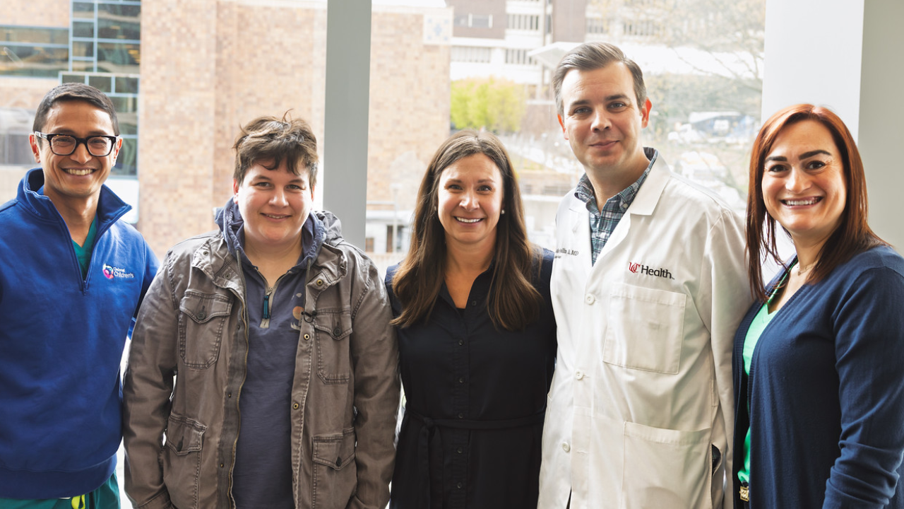 Pictured from left to right: Alexander Bondoc, MD (Cincinnati Children's transplant surgeon), Schae Beattie (mother of transplant recipient), Anna Ressler (liver donor), Cutler Quillin, MD (UC Health transplant surgeon), Erica Hereda (Living Donor Liver Transplant Coordinator)