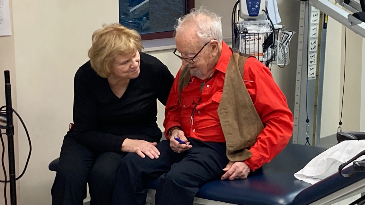 Patient Mike Ascolese and Naomi, a member of his care team, at Drake Center in Cincinnati