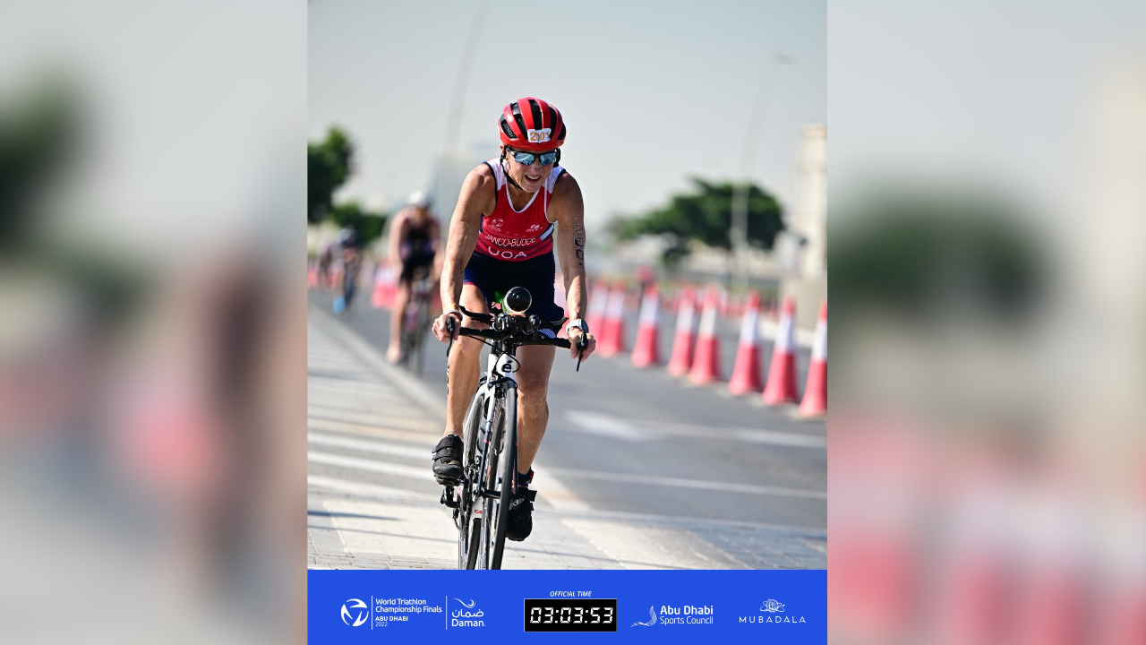 Nancy riding her bike in the World Triathlon Finals