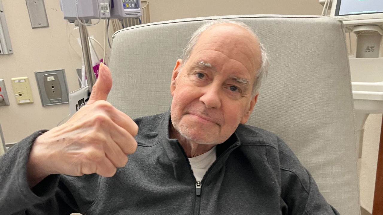 Rod Fussinger shares a thumbs up during an appointment at UC Health in Cincinnati