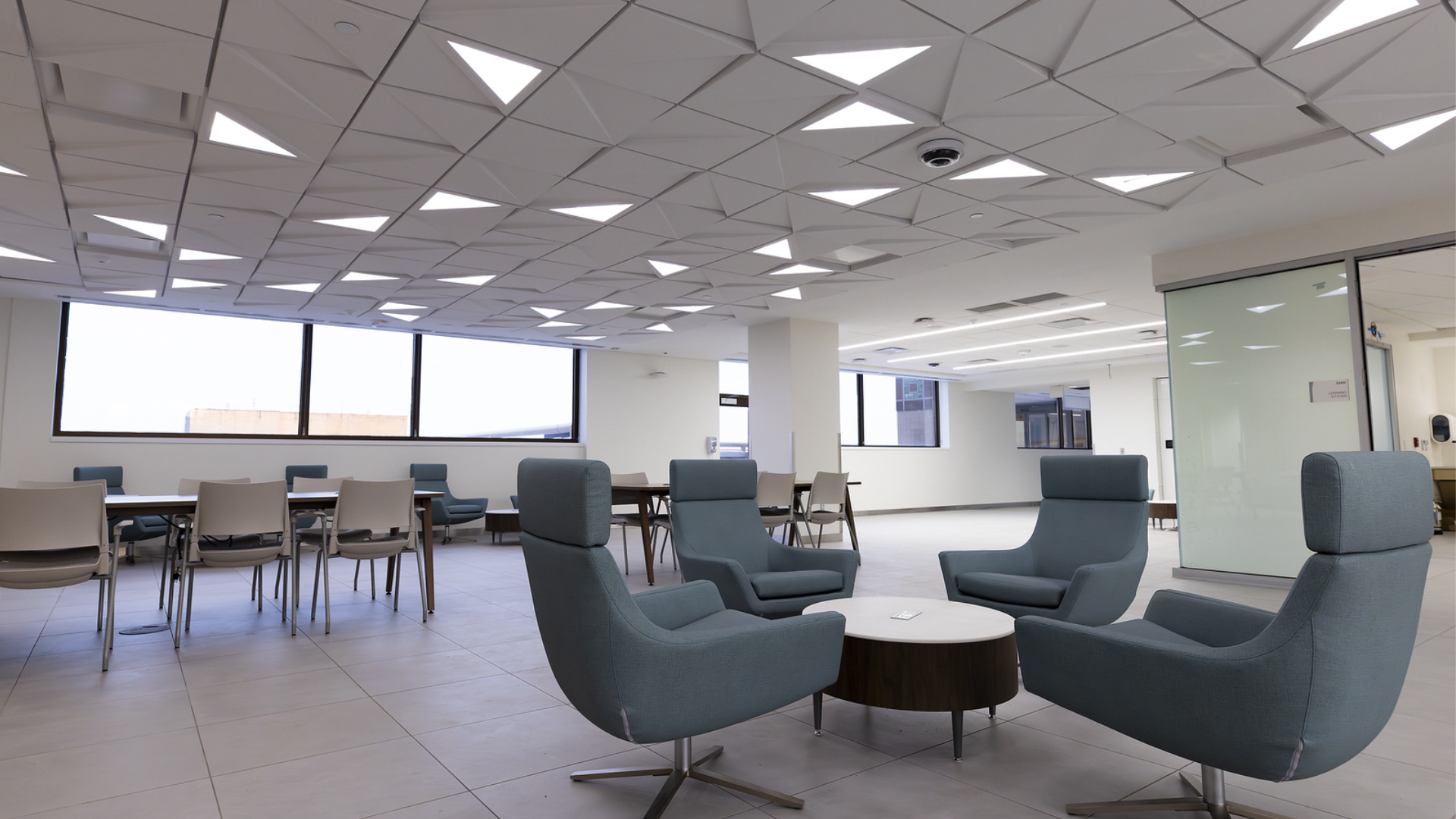 Seating area inside the Osher Wellness Suite and Learning Kitchen in Cincinnati, Ohio 