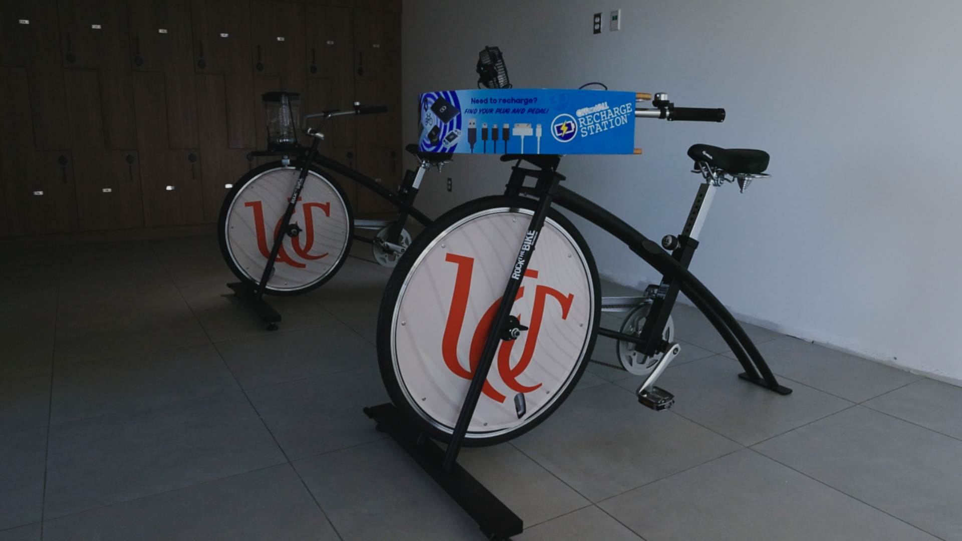 At Osher Wellness Suite in Cincinnnati, Ohio:  secure storage lockers and interactive Rock the Bike Recharge station