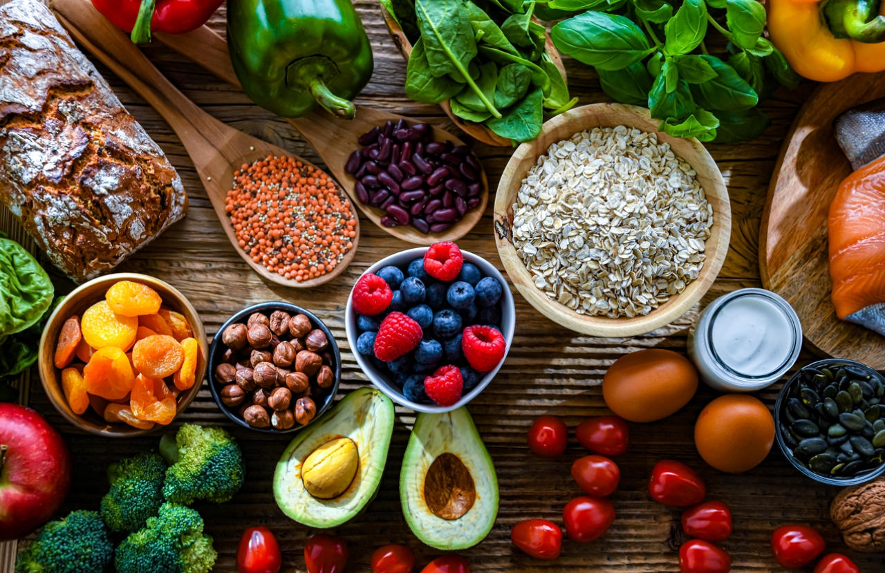 Various foods in bowls and spread out on a platter. 