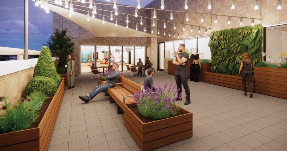 People gather on a rooftop.