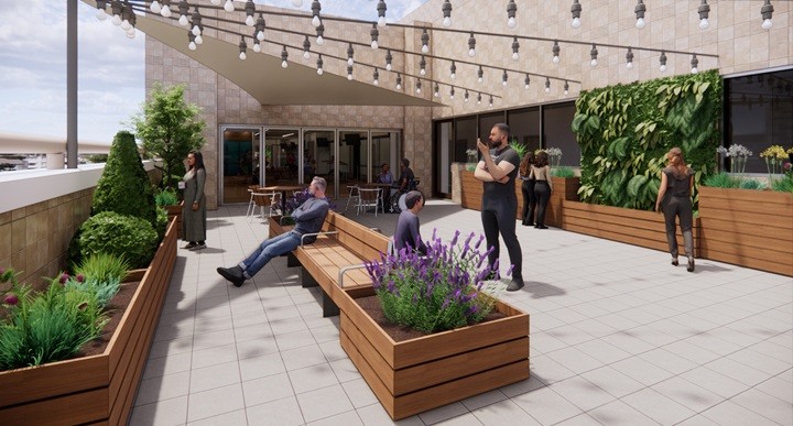 People gather to enjoy the rooftop healing garden. 