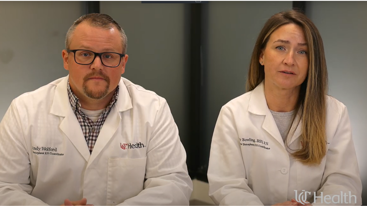 Pre-Liver Transplant Coordinator, Andrew Wolford, BSN, RN, CGRN, and Transplant Social Worker, Stacy Bowling, BSN, RN, CCTC provide an overview of the liver transplant evaluation process at UC Health in Cincinnati 