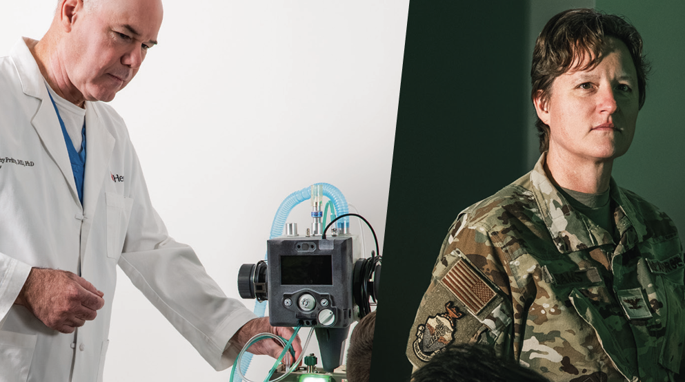 A graphic of 2images: left, Dr. Pritts performing a demonstration on a ventilator; right, Col. Sams in the DARRIO control room. 