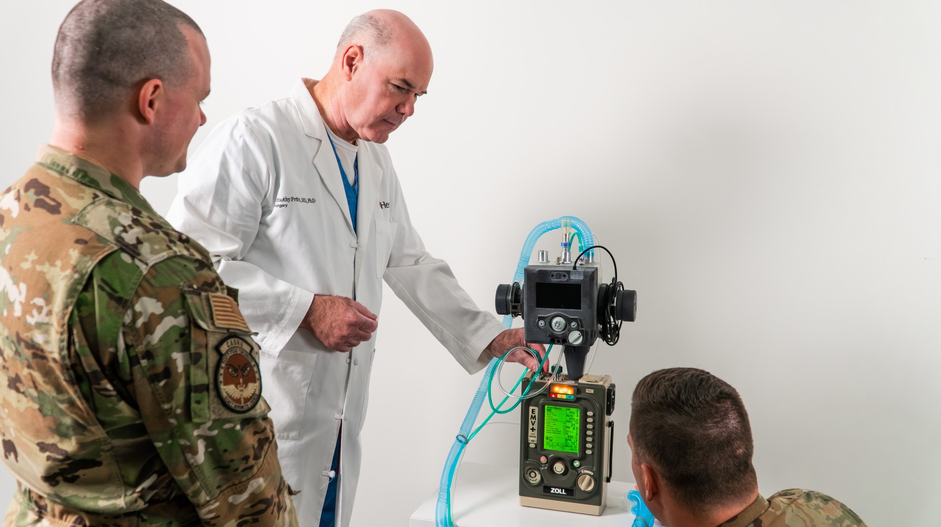 Dr. Pritts performing a demonstration on a ventilator