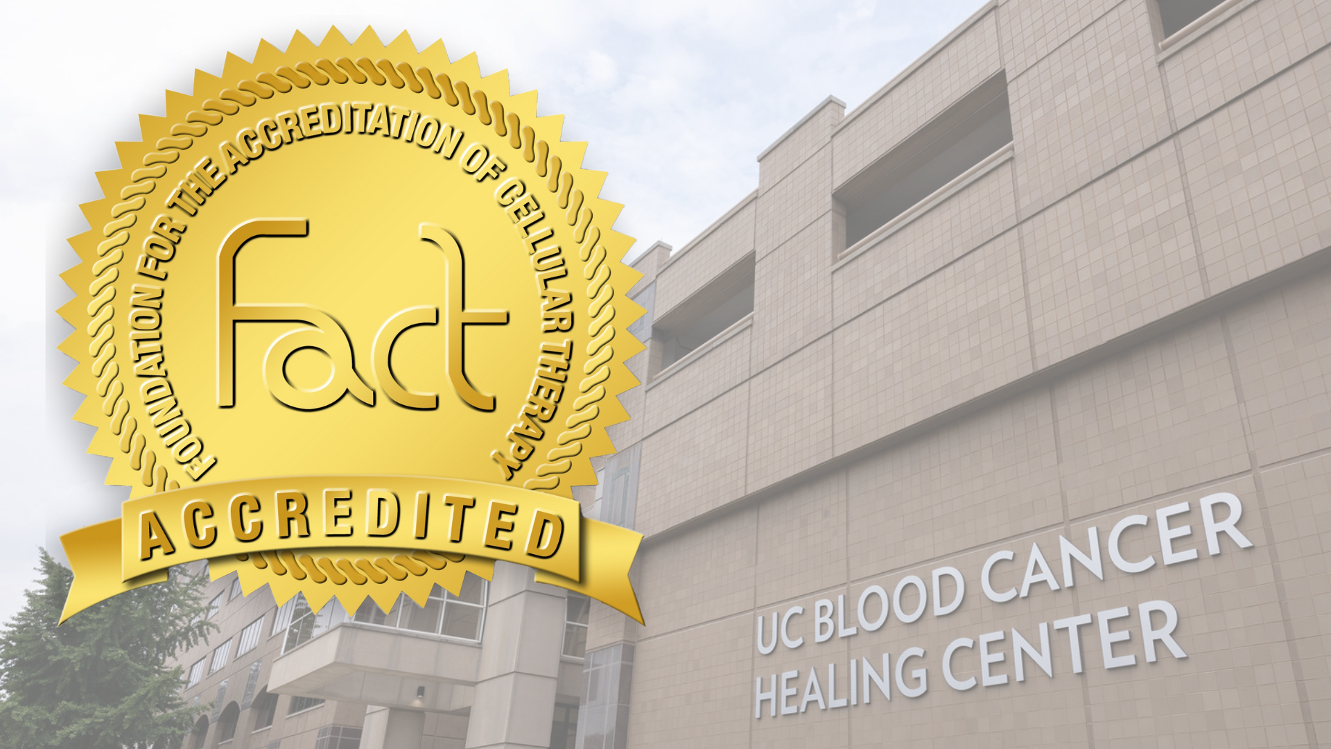 FACT accreditation seal over photo of the Blood Cancer Healing Center in CIncinnati, Ohio