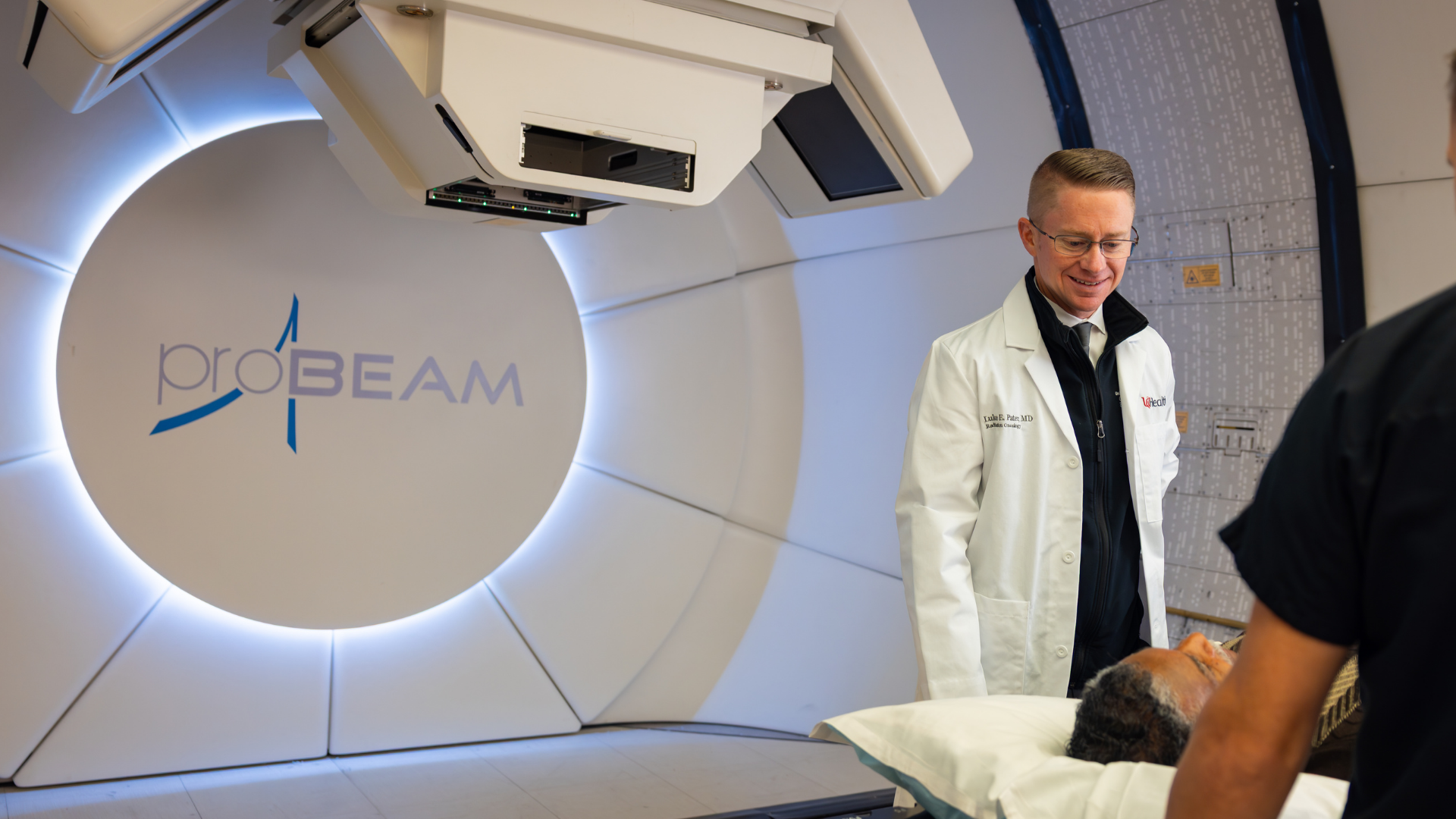Dr. Pater with a patient at the Proton Therapy Center in Ohio
