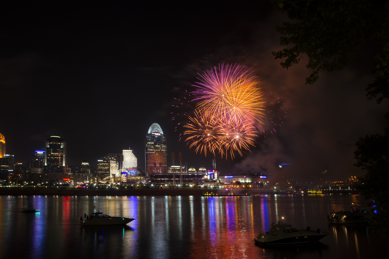 Fireworks over the river facing the Cincinnati city skyline.