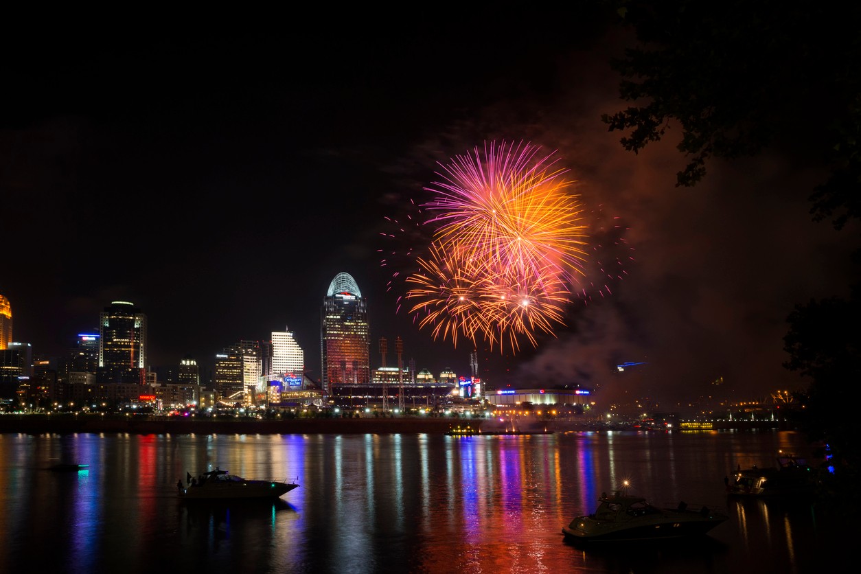 Fireworks over the river facing the Cincinnati city skyline.