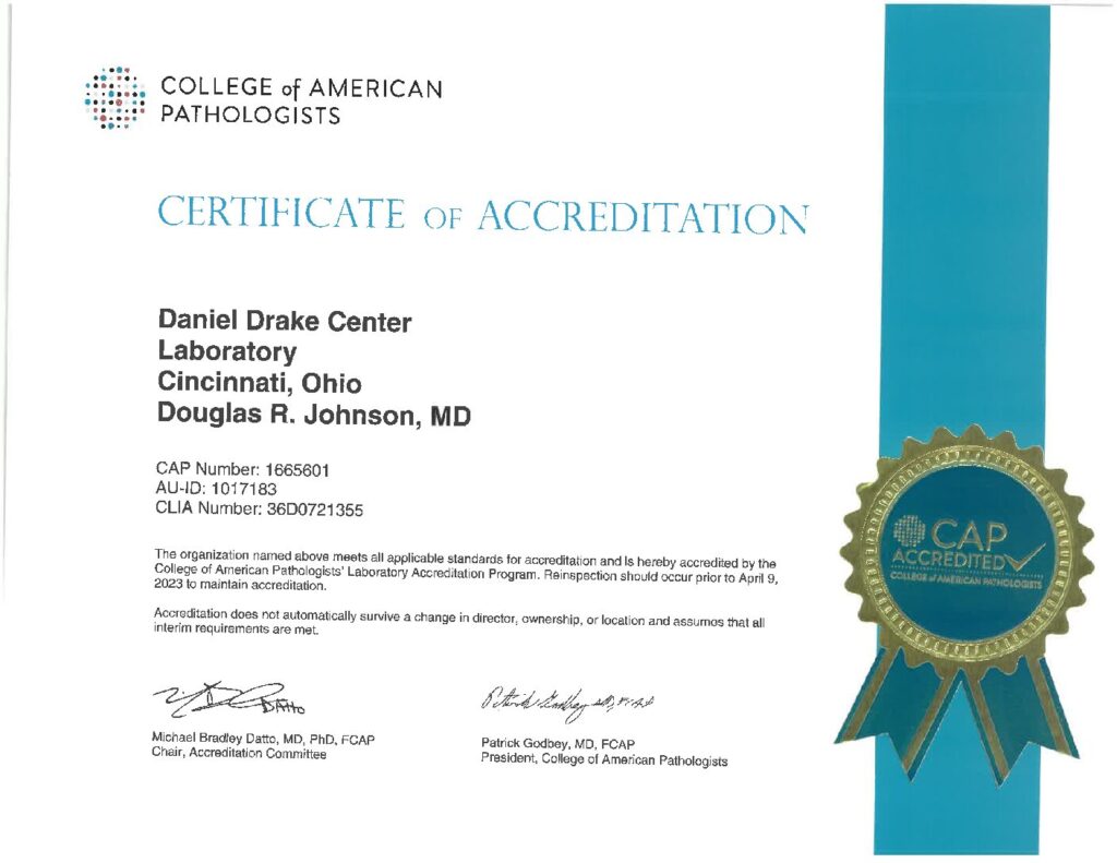 Daniel Drake Center Lab CAP Certificate