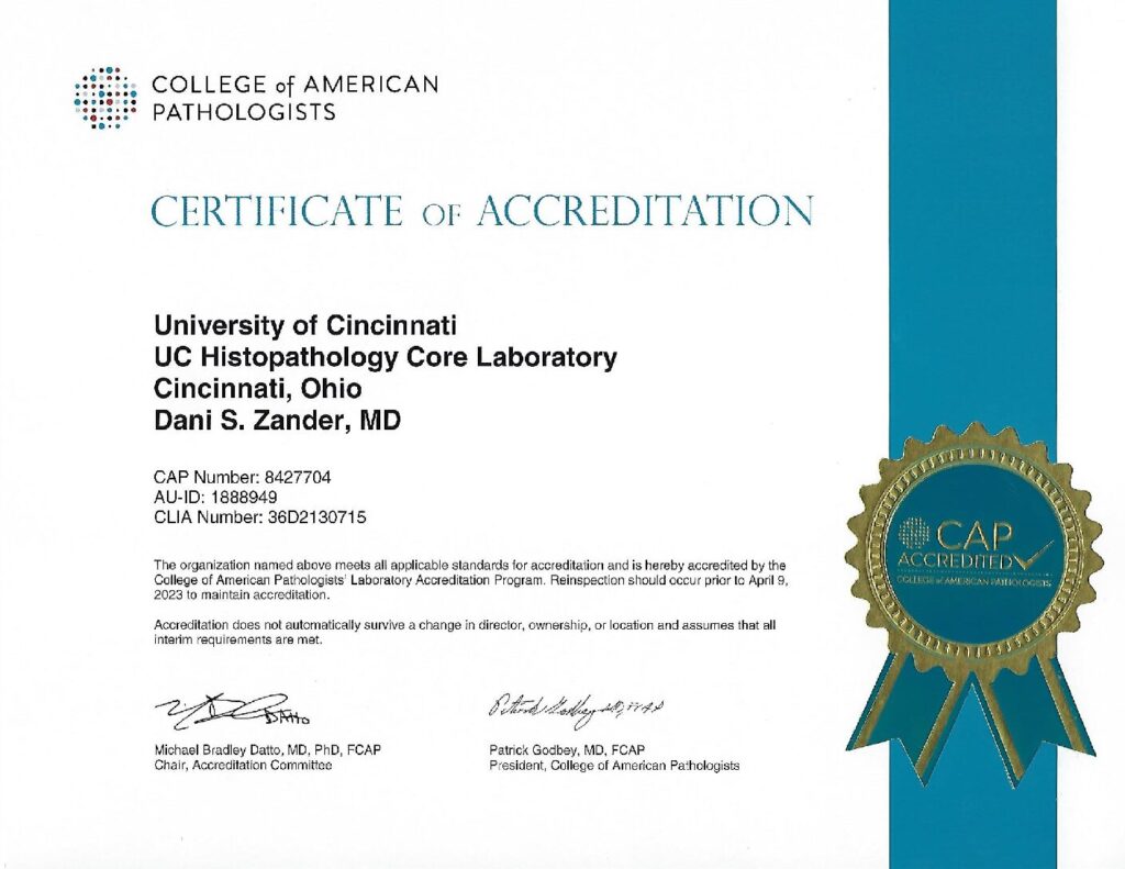 UC Histopathology Core Lab CAP Certificate