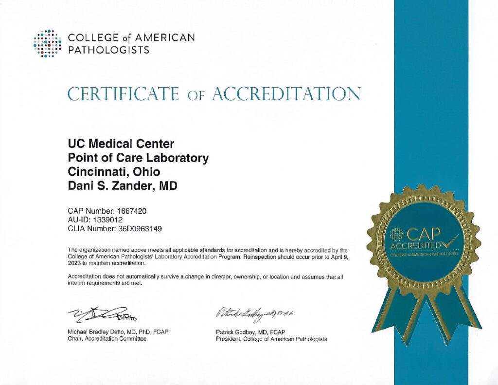 UCMC Point of Care Lab CAP Certificate
