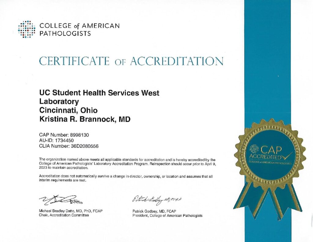 UC Student Health Services West Lab CAP Certificate