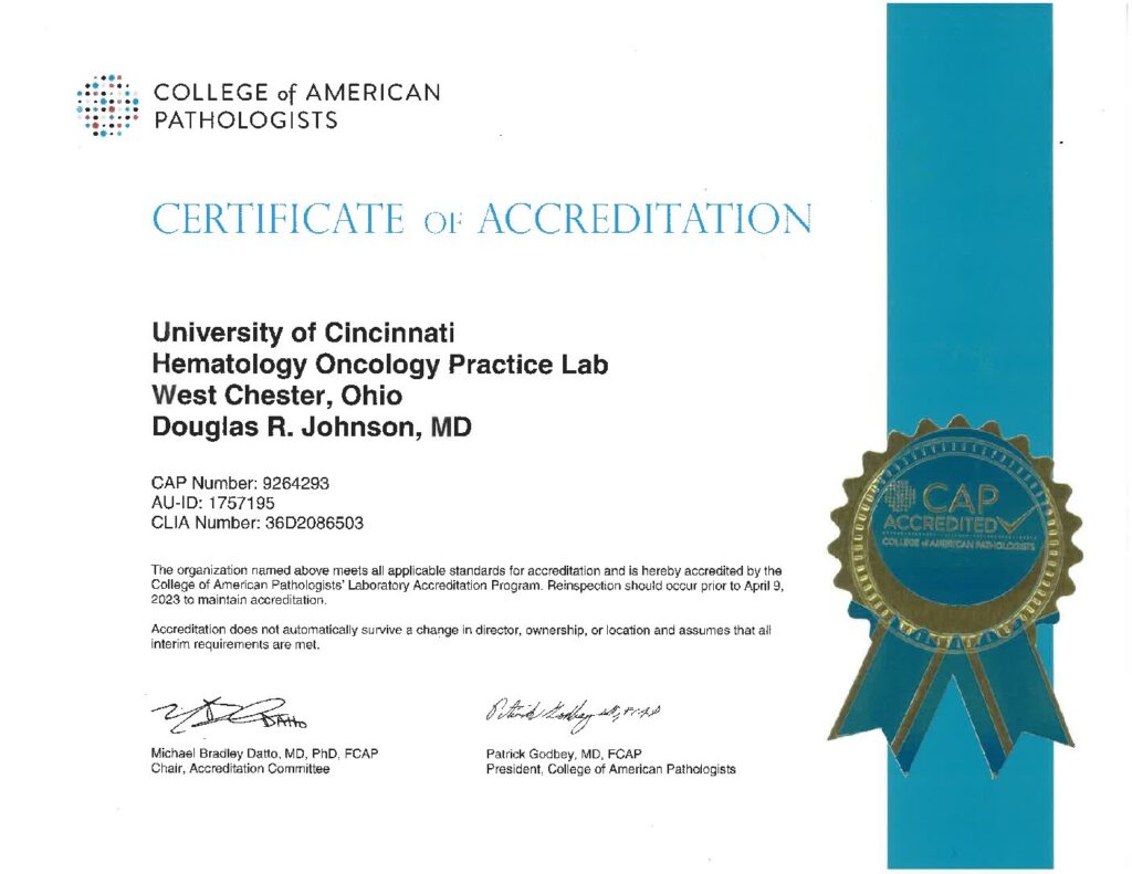 UC Hematology Oncology Practice Lab WCH CAP Certificate