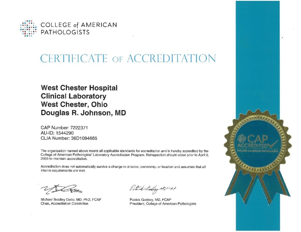 West Chester Hospital Clinical Lab CAP Certificate